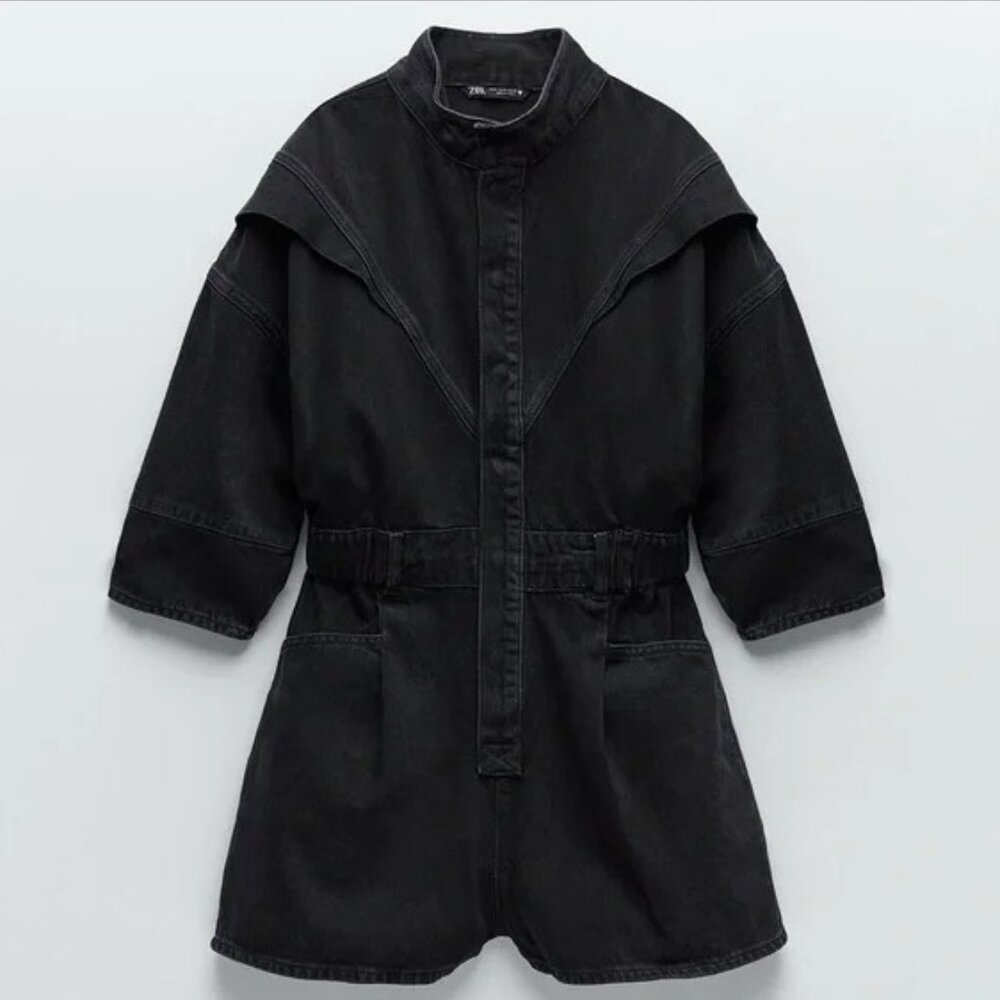 Zara DENIM JEAN Short JUMPSUIT ROMPER 3/4 Sleeves Black Color Size Medium